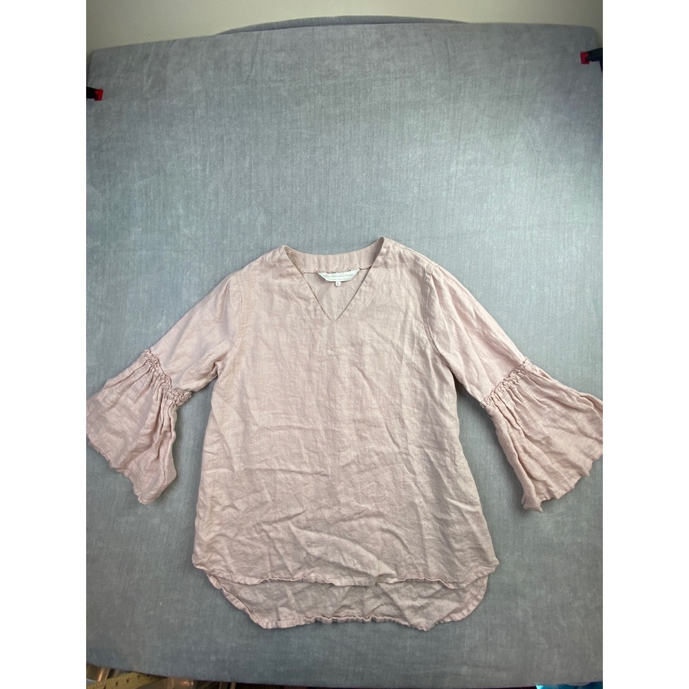 Crown Linen Designs Pink 100% Linen V-Neck Bell Sleeve Ruffle Top Womens Medium
